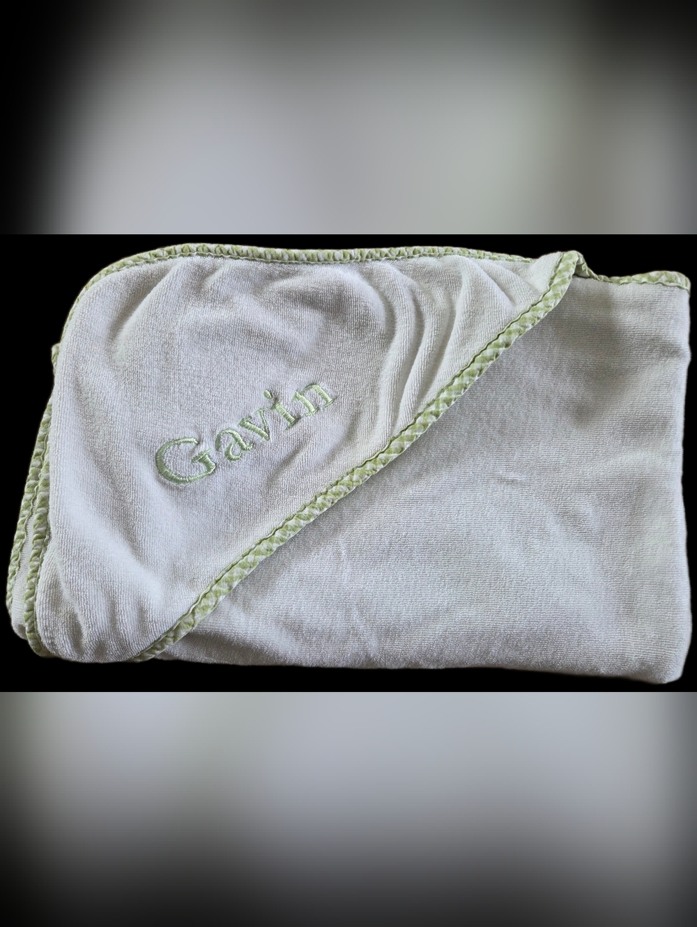 Pottery Barn Kids Personalized "Gavin" White Baby Hooded Towel with Green Trim